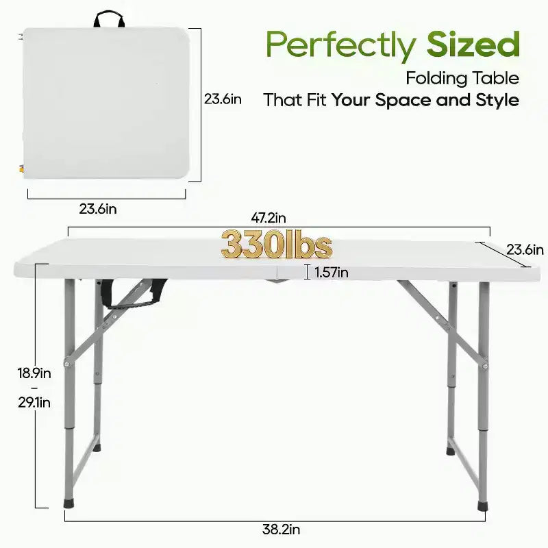 Mesa plegable FDW de 4FT, mesa de plástico portátil que se pliega por la mitad para pícnics y fiestas, con asa de transporte (blanca, 4FT)
