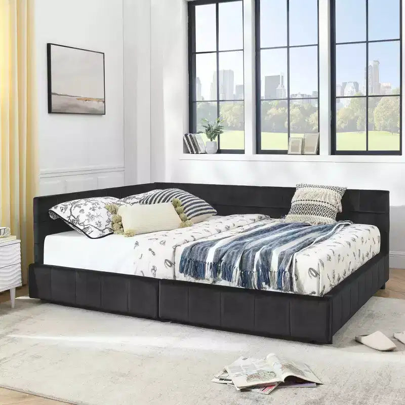 Gepolstertes Bettgestell mit Knopfheftung, Rückenlehne und Armlehnen für das Schlafzimmer, Schwarz