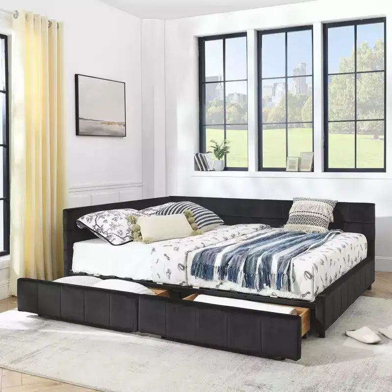 Estructura de cama tapizada con capitoné y almacenamiento, respaldo y reposabrazos para dormitorio, negra