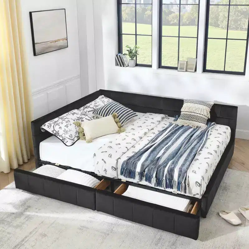 Estructura de cama tapizada con capitoné y almacenamiento, respaldo y reposabrazos para dormitorio, negra