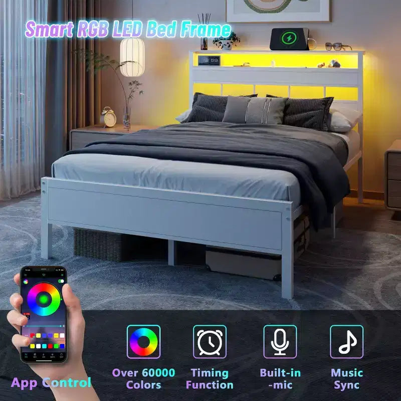 Estructura de cama blanca moderna de tamaño full con luces LED, cabecero de almacenamiento, estación de carga USB C, cama con plataforma metálica para dormitorio de adolescente o sala de juegos, no requiere somier