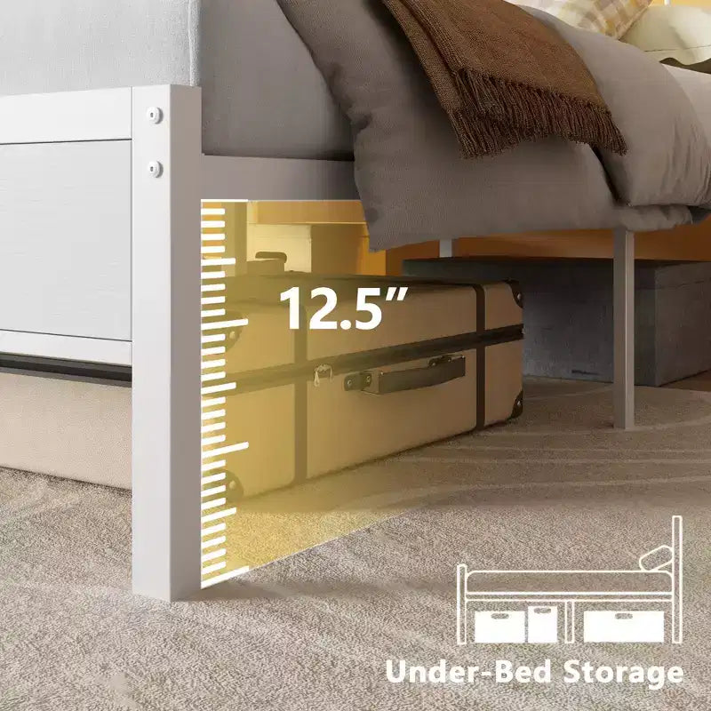 Modernes weißes Bettgestell in Full-Size mit LED-Beleuchtung, Stauraum-Kopfteil, USB-C-Ladestation und Metallplattform für Jugendzimmer und Gaming-Zimmer, kein Lattenrost erforderlich