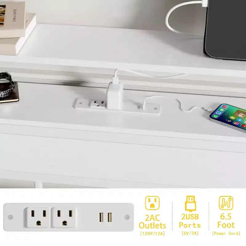 Modernes weißes Bettgestell in Full-Size mit LED-Beleuchtung, Stauraum-Kopfteil, USB-C-Ladestation und Metallplattform für Jugendzimmer und Gaming-Zimmer, kein Lattenrost erforderlich