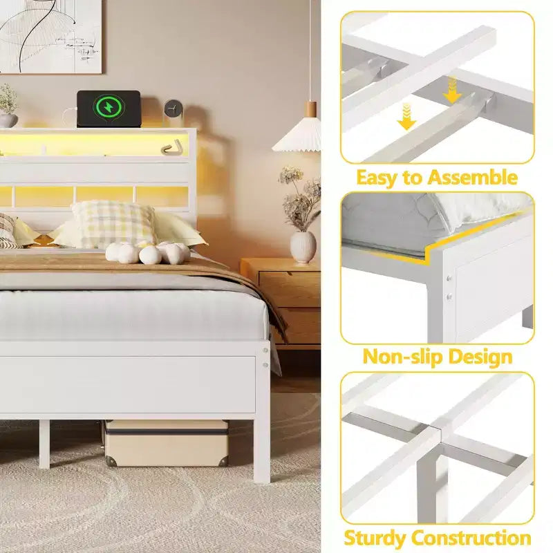 Modernes weißes Bettgestell in Full-Size mit LED-Beleuchtung, Stauraum-Kopfteil, USB-C-Ladestation und Metallplattform für Jugendzimmer und Gaming-Zimmer, kein Lattenrost erforderlich