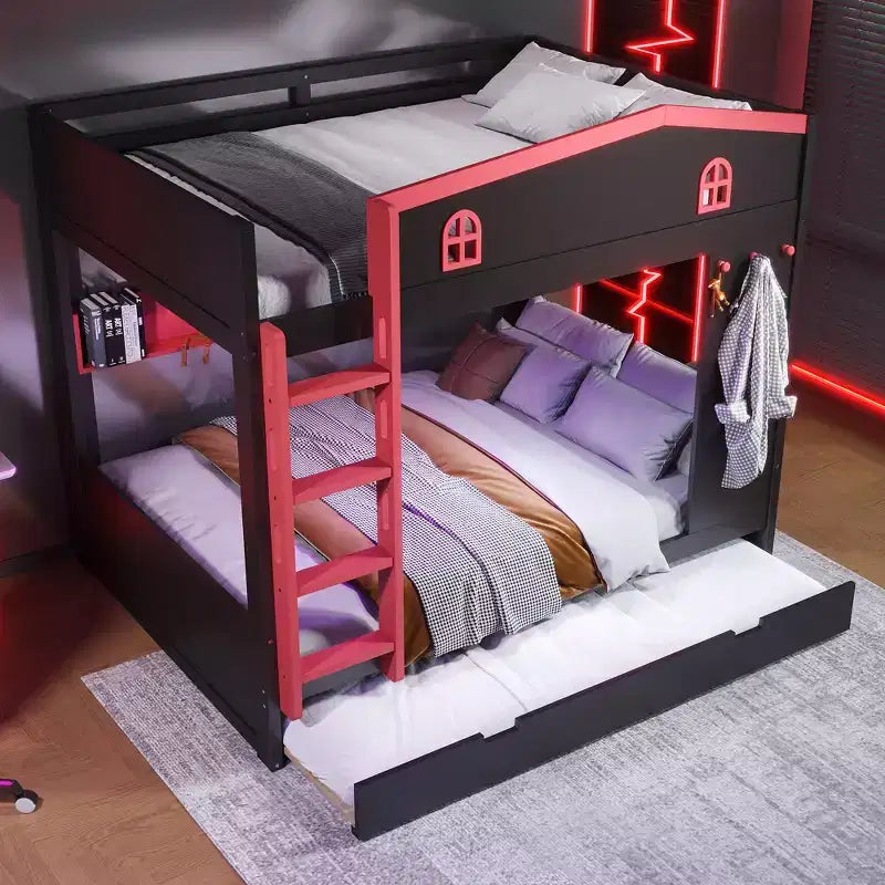 Litera de madera con cama nido, estantes de almacenamiento y ganchos