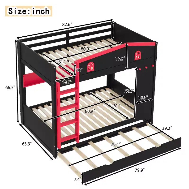 Litera de madera con cama nido, estantes de almacenamiento y ganchos