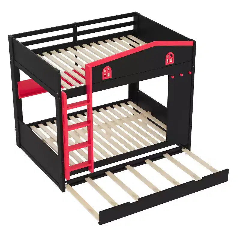 Litera de madera con cama nido, estantes de almacenamiento y ganchos