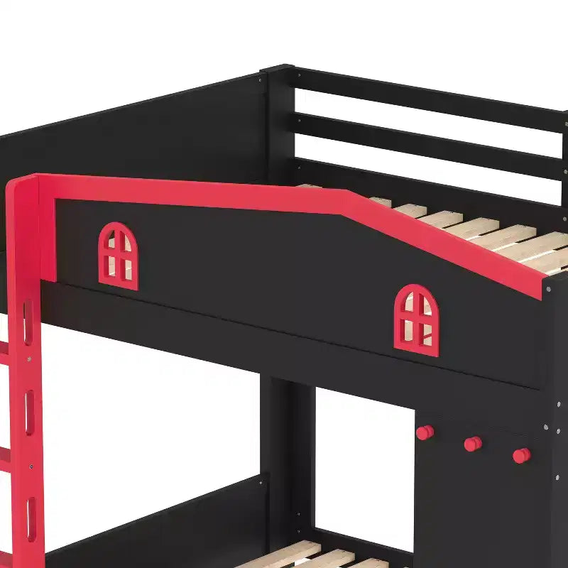 Litera de madera con cama nido, estantes de almacenamiento y ganchos