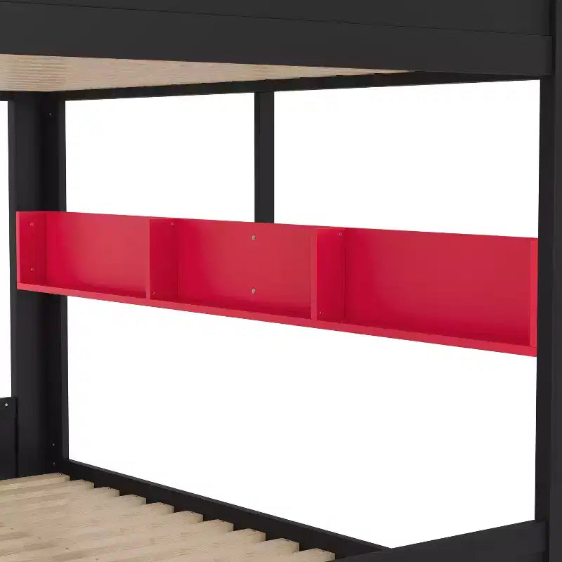 Litera de madera con cama nido, estantes de almacenamiento y ganchos