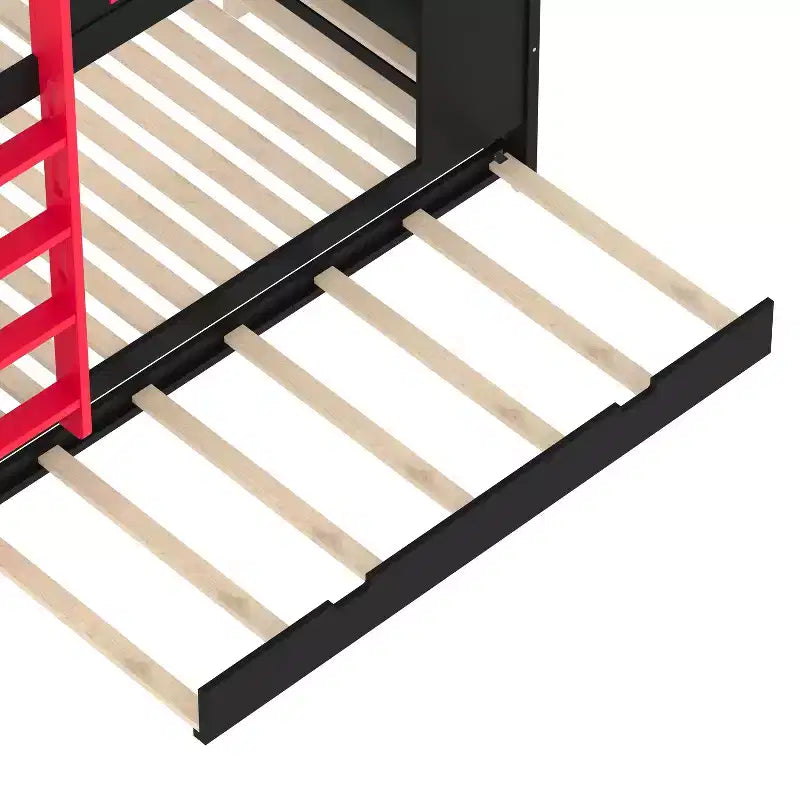 Litera de madera con cama nido, estantes de almacenamiento y ganchos