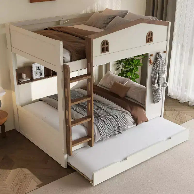 Litera de madera con cama nido, estantes de almacenamiento y ganchos