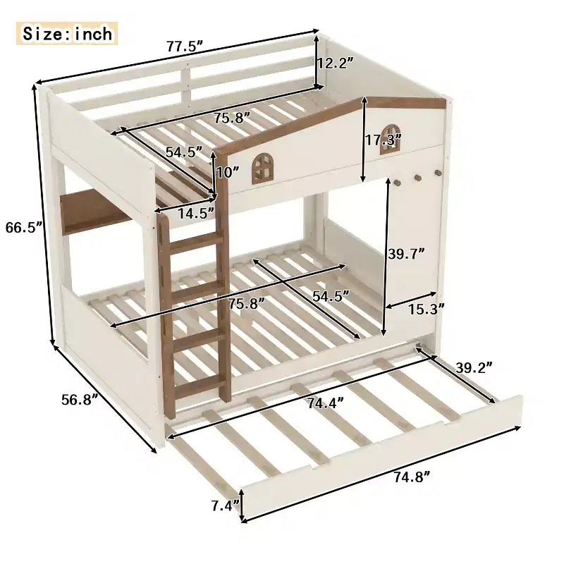 Litera de madera con cama nido, estantes de almacenamiento y ganchos