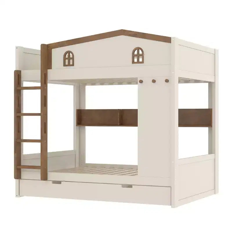 Litera de madera con cama nido, estantes de almacenamiento y ganchos