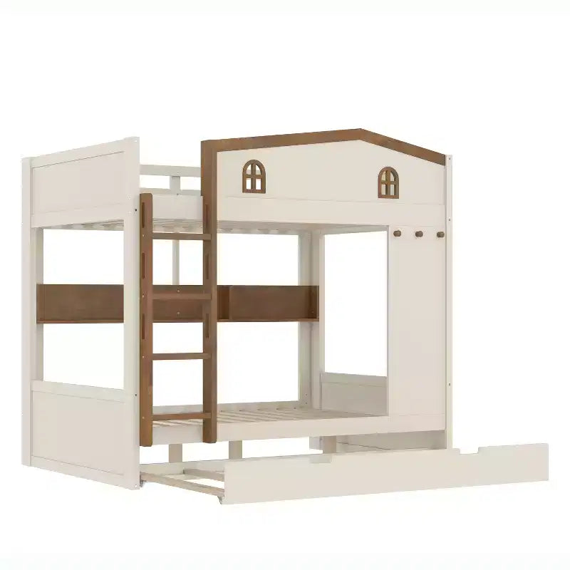 Litera de madera con cama nido, estantes de almacenamiento y ganchos