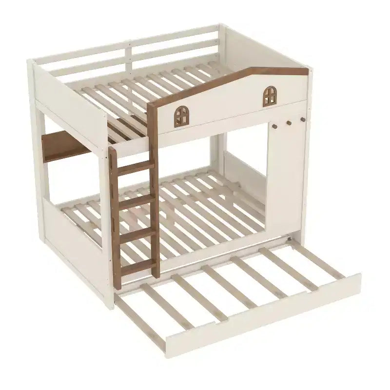 Litera de madera con cama nido, estantes de almacenamiento y ganchos