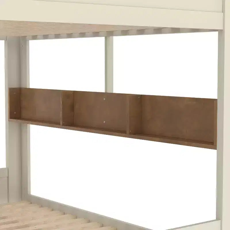 Litera de madera con cama nido, estantes de almacenamiento y ganchos