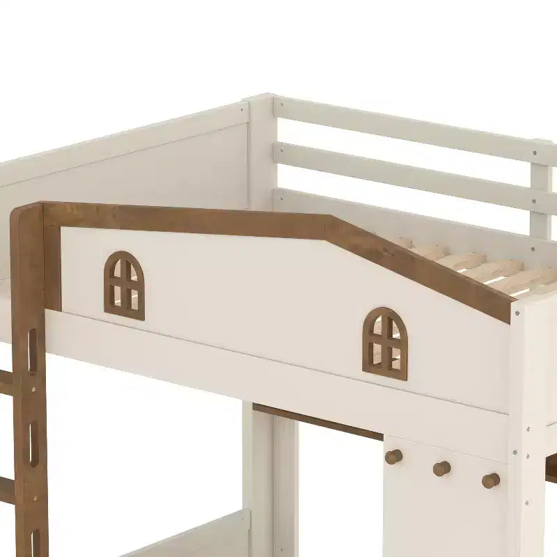 Litera de madera con cama nido, estantes de almacenamiento y ganchos