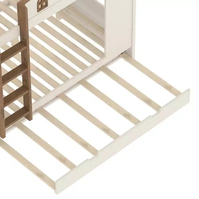 Litera de madera con cama nido, estantes de almacenamiento y ganchos
