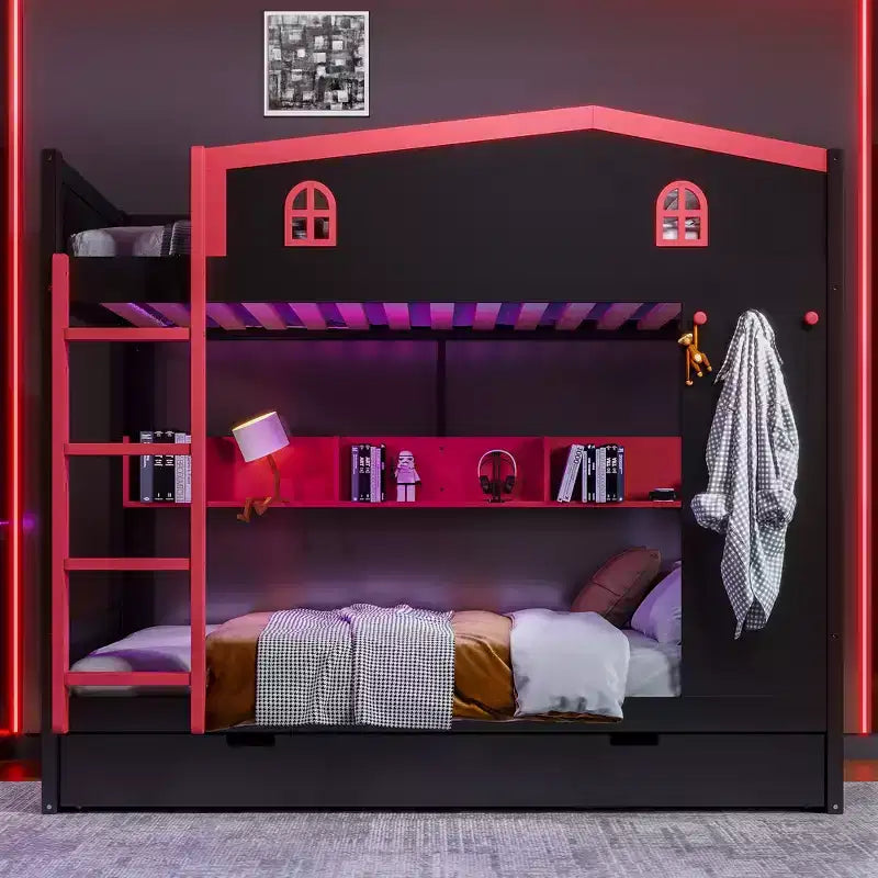 Litera de madera con cama nido, estantes de almacenamiento y ganchos