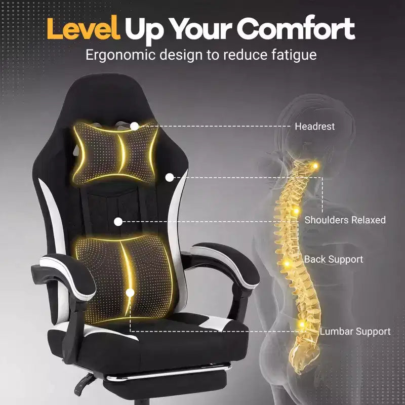 Silla gaming con reposacabezas, soporte lumbar, reposabrazos articulados y respaldo reclinable