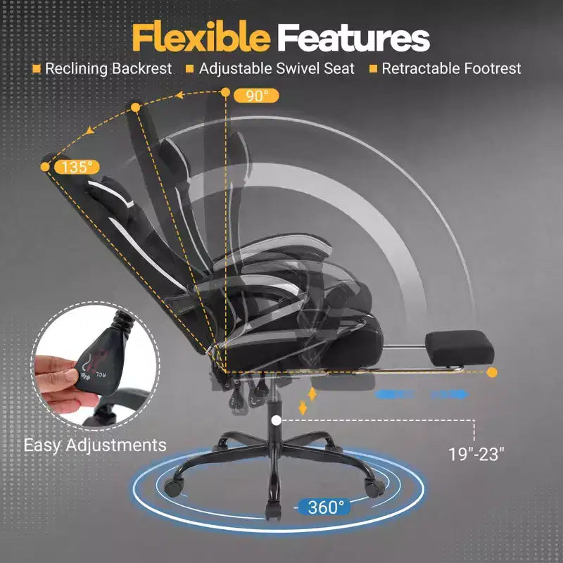 Silla gaming con reposacabezas, soporte lumbar, reposabrazos articulados y respaldo reclinable