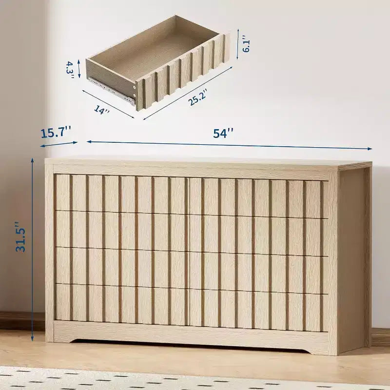 Commode cannelée pour chambre avec 8 tiroirs, largeur 54, commode moderne au profil incurvé, organisateur de tiroirs en bois naturel pour chambre