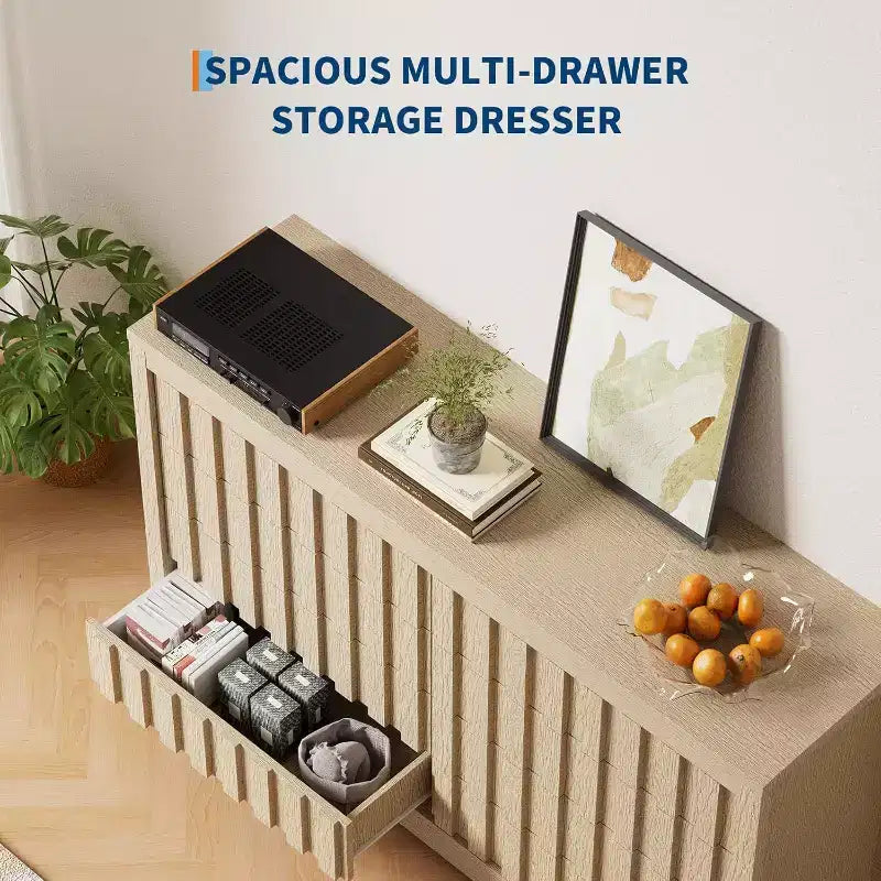 Geriffelte Kommode für das Schlafzimmer mit 8 Schubladen, 54 Zoll breite moderne Kommode mit geschwungenem Profil, natürlicher Organizer aus Holzschubladen für das Schlafzimmer