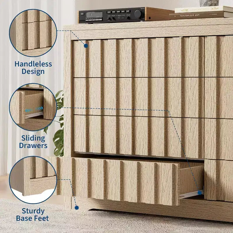 Commode cannelée pour chambre avec 8 tiroirs, largeur 54, commode moderne au profil incurvé, organisateur de tiroirs en bois naturel pour chambre