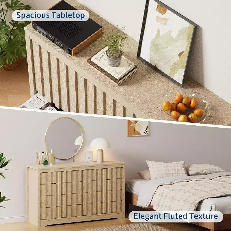 Geriffelte Kommode für das Schlafzimmer mit 8 Schubladen, 54 Zoll breite moderne Kommode mit geschwungenem Profil, natürlicher Organizer aus Holzschubladen für das Schlafzimmer