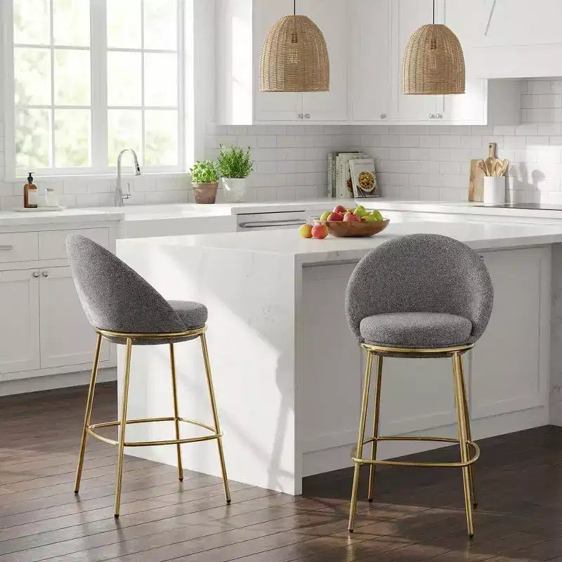 Lot de 2 tabourets de bar en métal rembourrés, cadre plaqué or et dossier ergonomique en demi-lune pour cuisine ou bar à domicile
