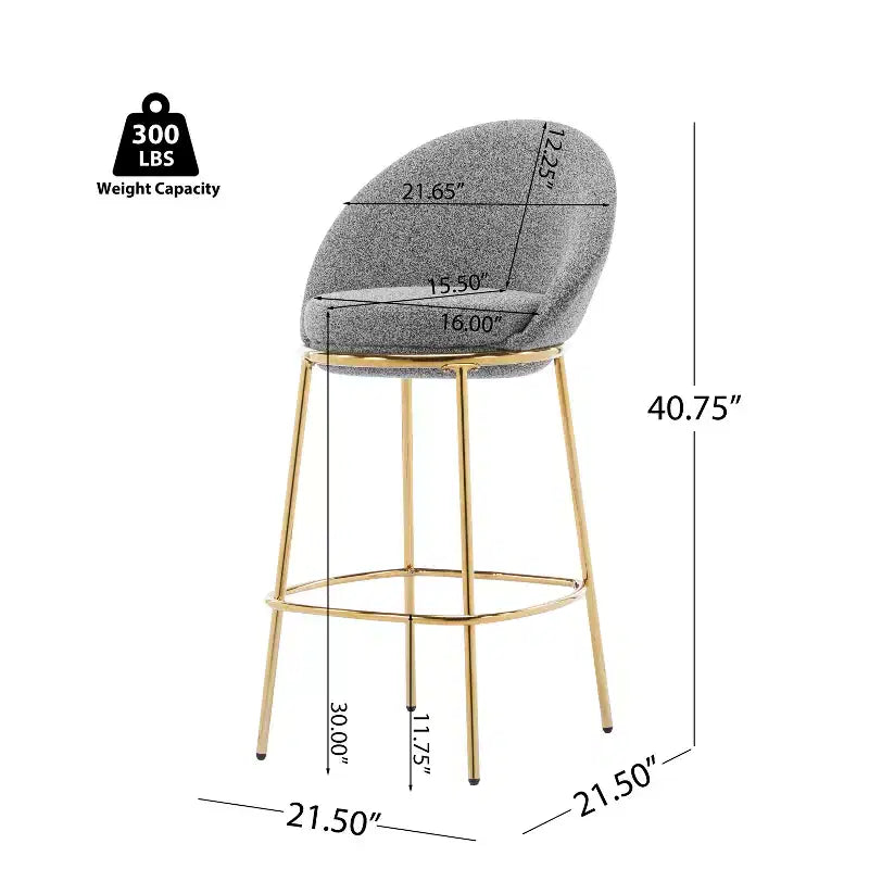 Lot de 2 tabourets de bar en métal rembourrés, cadre plaqué or et dossier ergonomique en demi-lune pour cuisine ou bar à domicile