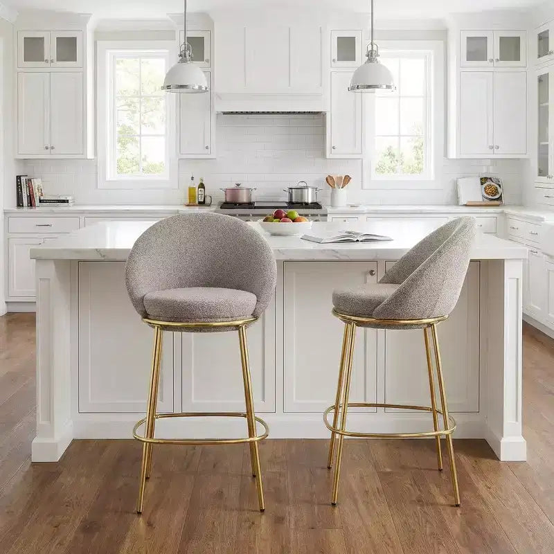 Lot de 2 tabourets de bar en métal rembourrés, cadre plaqué or et dossier ergonomique en demi-lune pour cuisine ou bar à domicile
