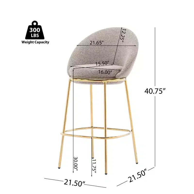 Juego de 2 taburetes de bar tapizados de metal, estructura chapada en oro con respaldo ergonómico en forma de media luna para cocina o bar en casa