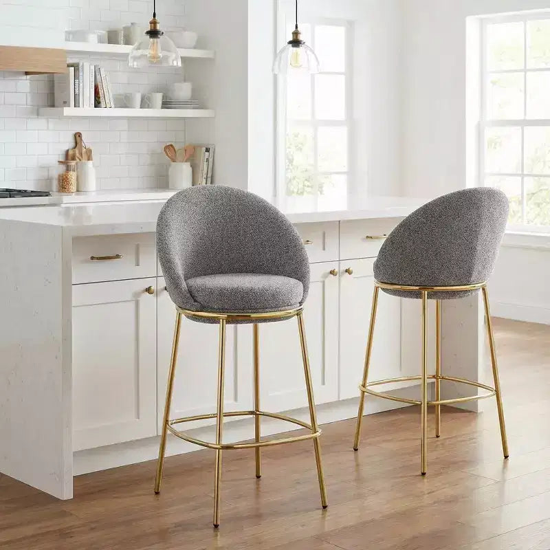 Juego de 2 taburetes de bar tapizados de metal, estructura chapada en oro con respaldo ergonómico en forma de media luna para cocina o bar en casa
