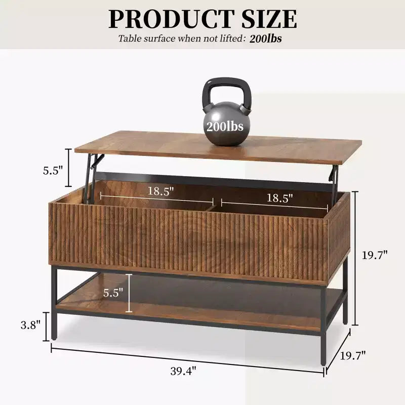 Table basse rectangulaire de 39.4 pouces avec plateau relevable, style ferme avec rangement dissimulé et étagère inférieure, idéale pour le salon, brun vintage