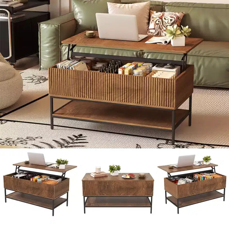 Table basse rectangulaire de 39.4 pouces avec plateau relevable, style ferme avec rangement dissimulé et étagère inférieure, idéale pour le salon, brun vintage