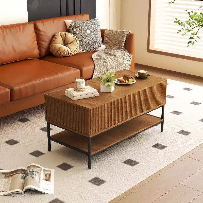 Table basse rectangulaire de 39.4 pouces avec plateau relevable, style ferme avec rangement dissimulé et étagère inférieure, idéale pour le salon, brun vintage