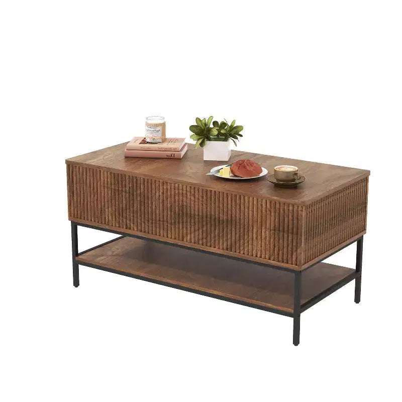 Table basse rectangulaire de 39.4 pouces avec plateau relevable, style ferme avec rangement dissimulé et étagère inférieure, idéale pour le salon, brun vintage