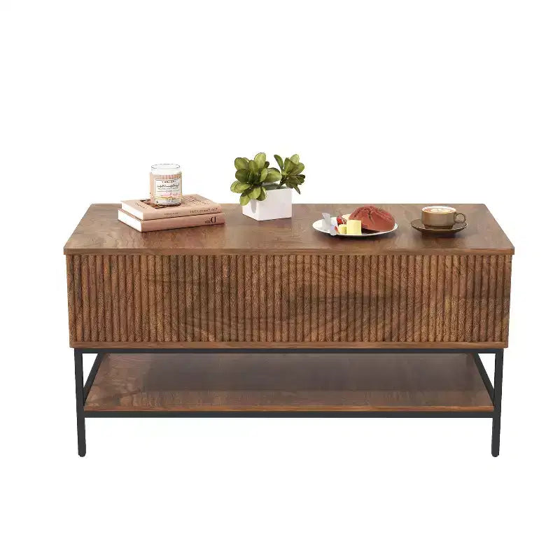 Table basse rectangulaire de 39.4 pouces avec plateau relevable, style ferme avec rangement dissimulé et étagère inférieure, idéale pour le salon, brun vintage