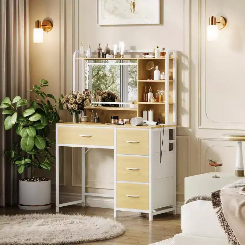 Coiffeuse avec miroir et éclairage, table de maquillage avec 4 tiroirs en tissu et étagères de rangement, éclairage LED réglable, coiffeuse
