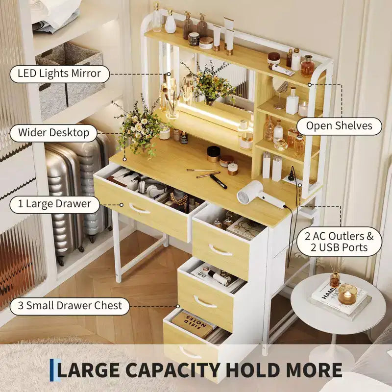Coiffeuse avec miroir et éclairage, table de maquillage avec 4 tiroirs en tissu et étagères de rangement, éclairage LED réglable, coiffeuse