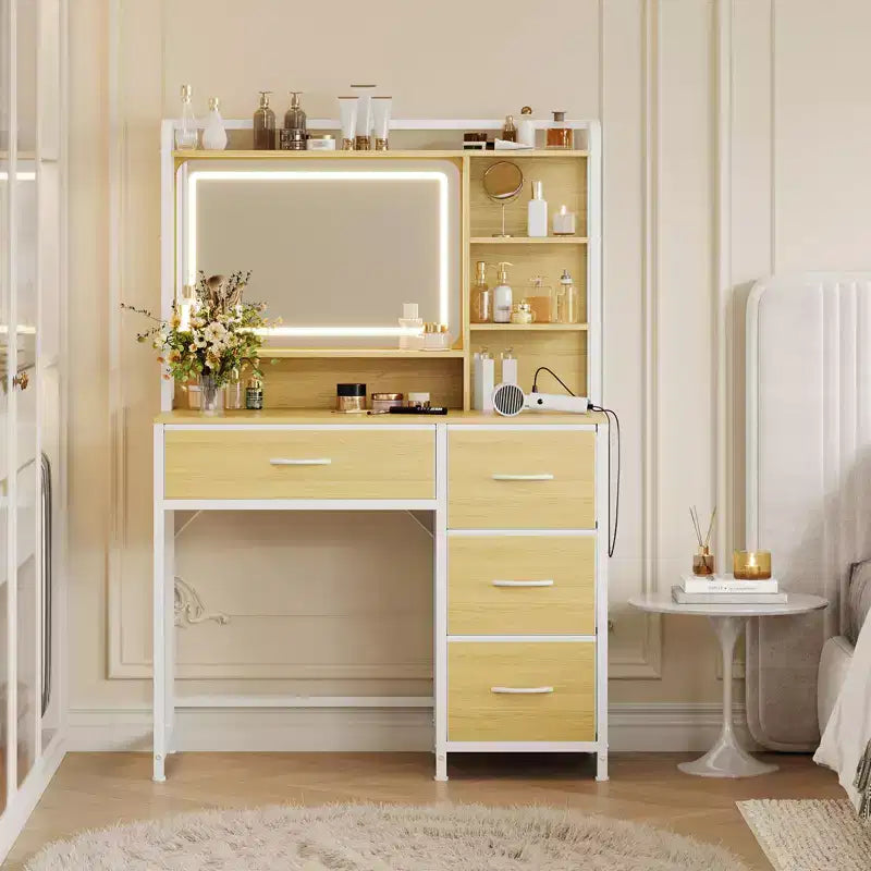 Coiffeuse avec miroir et éclairage, table de maquillage avec 4 tiroirs en tissu et étagères de rangement, éclairage LED réglable, coiffeuse