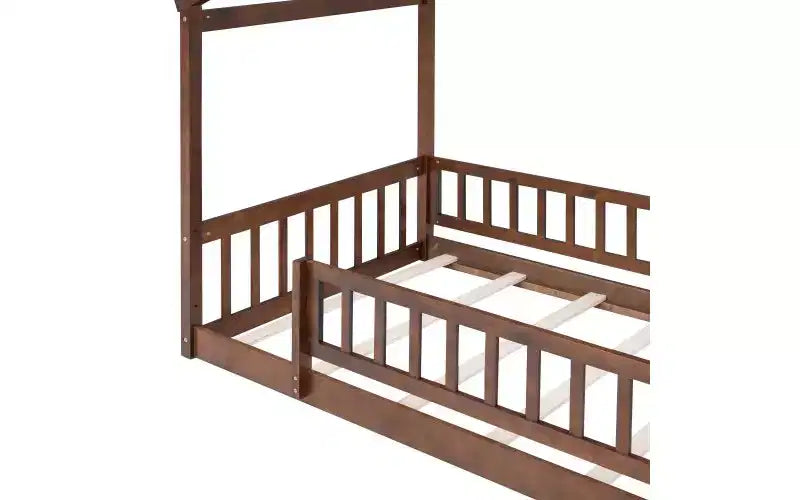 Modernes Spiel- und Schlafbett für Kinder in Einzelbettgröße, Hausbettgestell mit Gitter und Dach, Bodenbett für Kleinkinder aus Kiefernholz für Kinder und Jugendliche