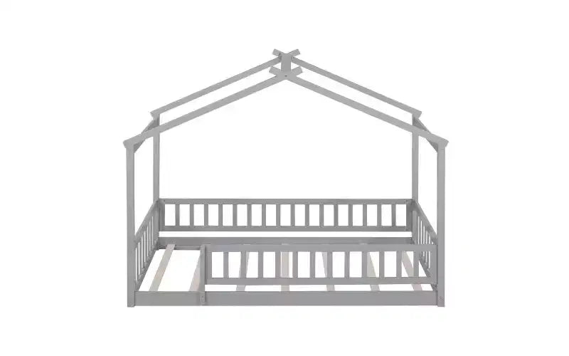 Modernes Spiel- und Schlafbett für Kinder in Einzelbettgröße, Hausbettgestell mit Gitter und Dach, Bodenbett für Kleinkinder aus Kiefernholz für Kinder und Jugendliche