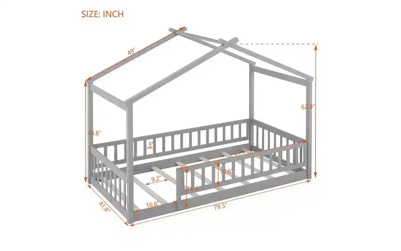 Cama moderna individual para jugar y dormir, estructura de cama tipo casa con barandilla y techo, cama baja infantil de madera de pino para niños pequeños, niños y adolescentes