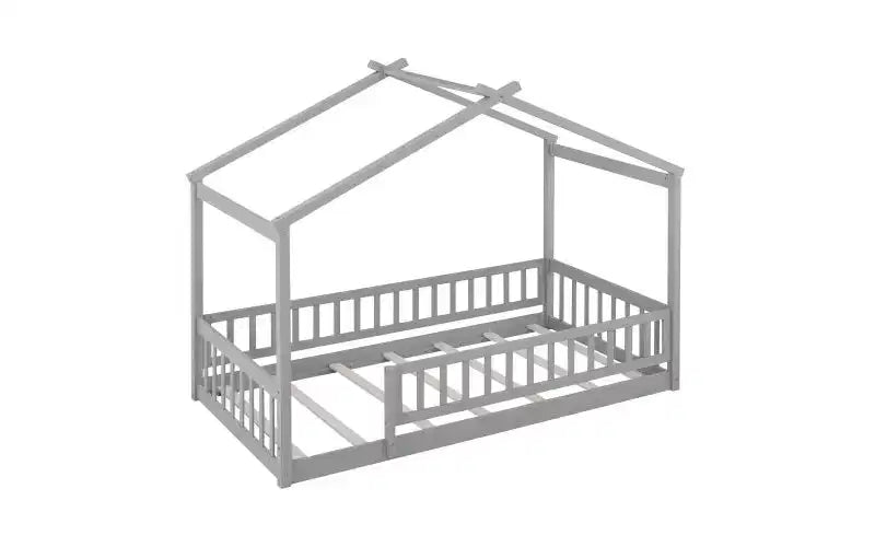 Modernes Spiel- und Schlafbett für Kinder in Einzelbettgröße, Hausbettgestell mit Gitter und Dach, Bodenbett für Kleinkinder aus Kiefernholz für Kinder und Jugendliche