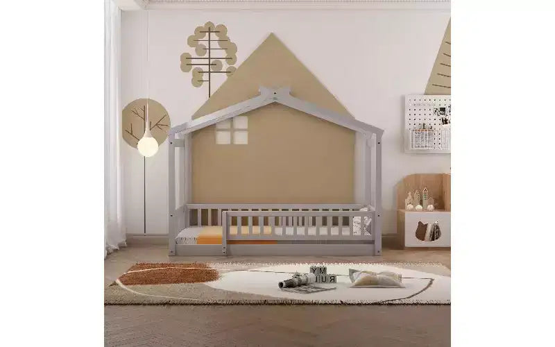 Cama moderna individual para jugar y dormir, estructura de cama tipo casa con barandilla y techo, cama baja infantil de madera de pino para niños pequeños, niños y adolescentes