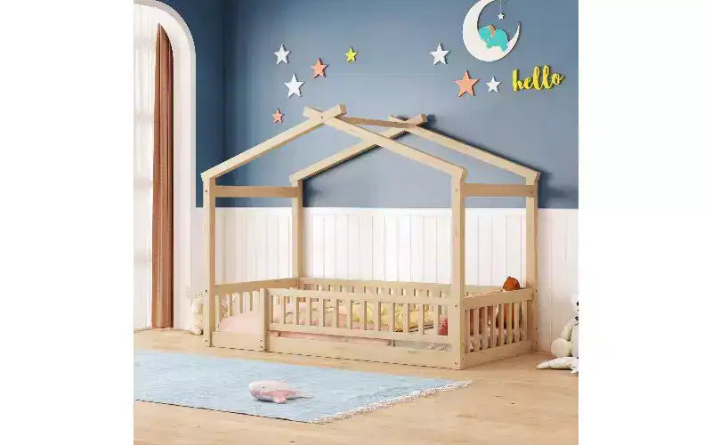 Modernes Spiel- und Schlafbett für Kinder in Einzelbettgröße, Hausbettgestell mit Gitter und Dach, Bodenbett für Kleinkinder aus Kiefernholz für Kinder und Jugendliche