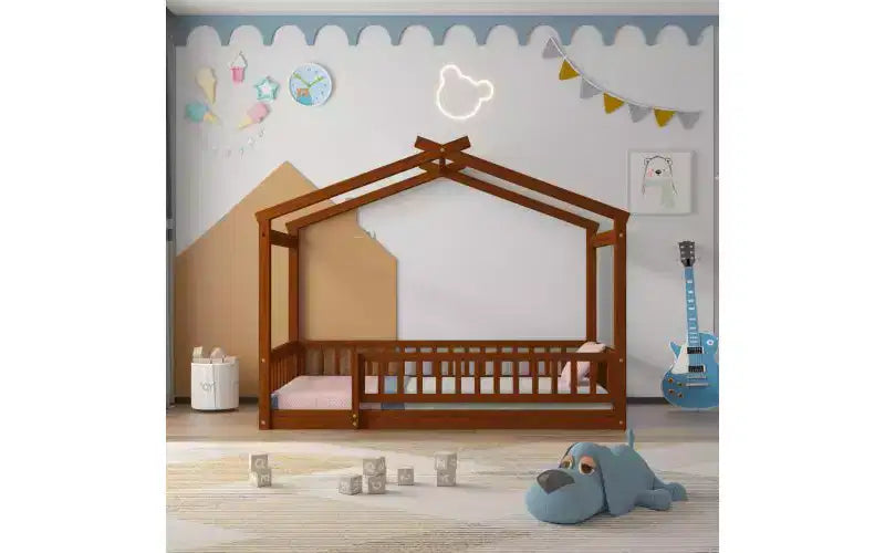 Cama moderna individual para jugar y dormir, estructura de cama tipo casa con barandilla y techo, cama baja infantil de madera de pino para niños pequeños, niños y adolescentes