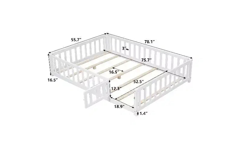 Estructura de cama de plataforma tamaño Full para niños con barandilla de seguridad y puertas abatibles, estructura de cama de suelo, cama de madera multiusos para niños pequeños
